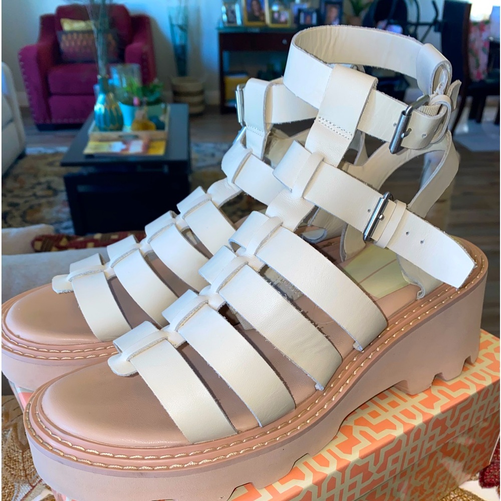 DOLCE VITA GALORE LEATHER PLATFORM GLADIATOR SANDALS - BEIGE - Sz 10